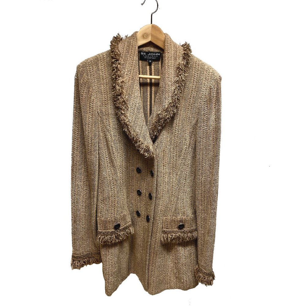 St. John Couture Tweed Fringe Knit Peacoat